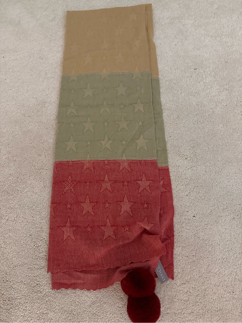 NEW! Tri-Color Star Jacquard Scarf with Pom-Pom - colors Red, Green, Tan